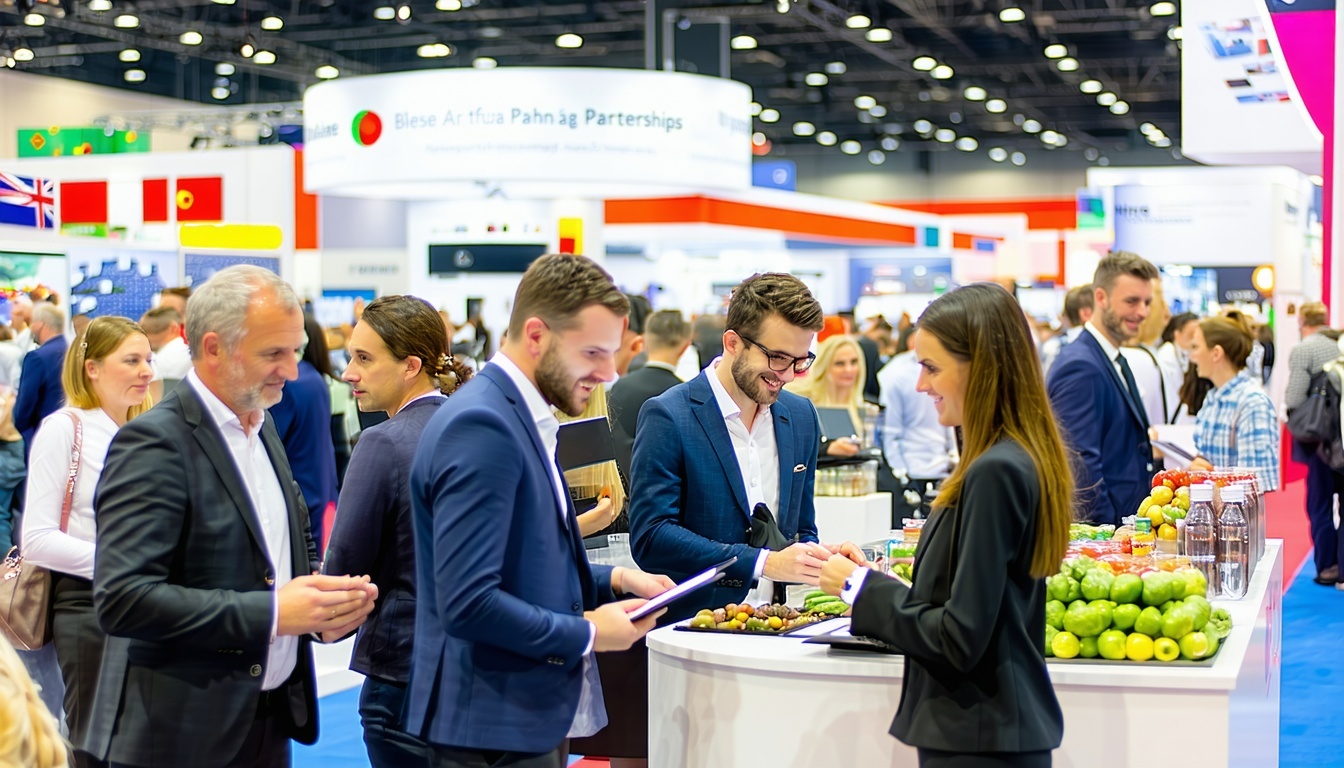 A bustling international trade show scene with a diverse crowd of exhibitors and visitors engaging in conversations and networking Colorful booths display various products from hightech machinery to organic food items each adorned with flags represen-1