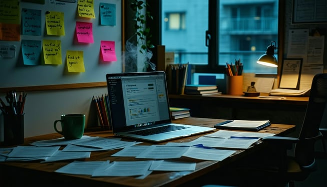A dimly lit office space filled with papers and documents scattered across a wooden desk A laptop screen glows faintly displaying a webpage with the title  Cant Find Overseas Agents A coffee cup sits beside the laptop steam rising gently in the cool
