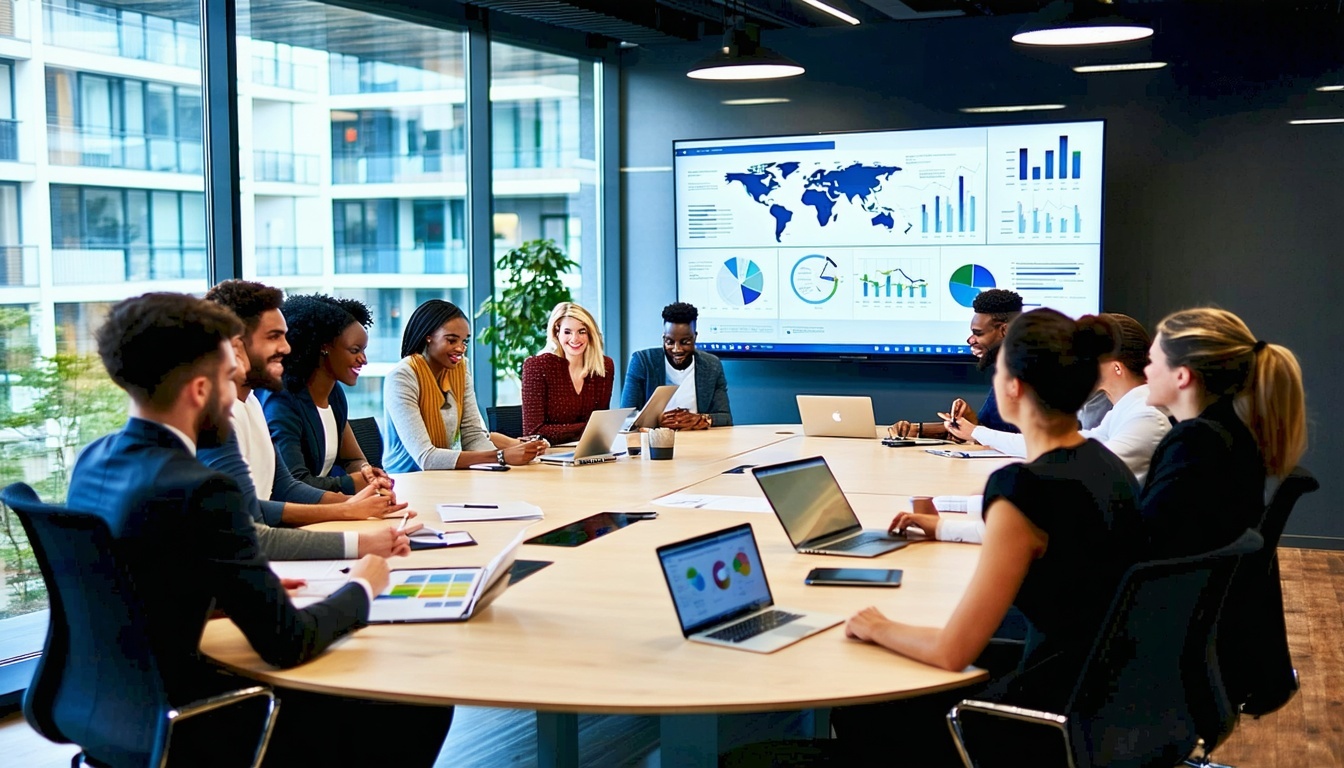 The image depicts a modern office environment where a diverse group of professionals engage in a collaborative meeting A large round table is at the center surrounded by individuals of various ethnicities each actively participating in the discussion