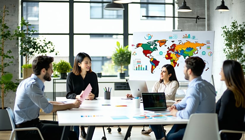 The image depicts a modern office space filled with natural light streaming through large windows In the foreground a diverse group of professionals including a middleaged Japanese woman and a young Caucasian man are engaged in a dynamic discussion a