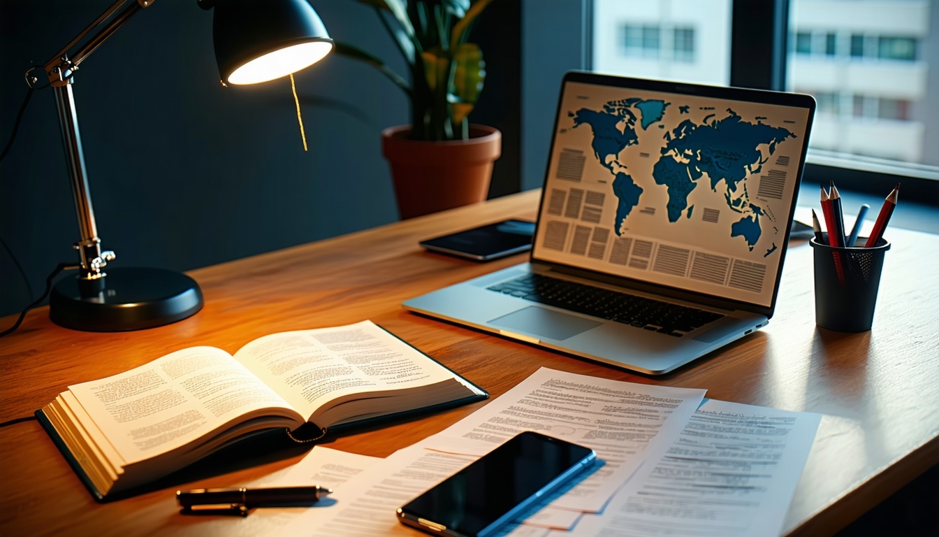 The image depicts a sleek modern office workspace bathed in the warm glow of a desk lamp A large wooden desk is cluttered with documents and a laptop displaying a traderelated article Open notebooks filled with handwritten notes and highlighted secti-3